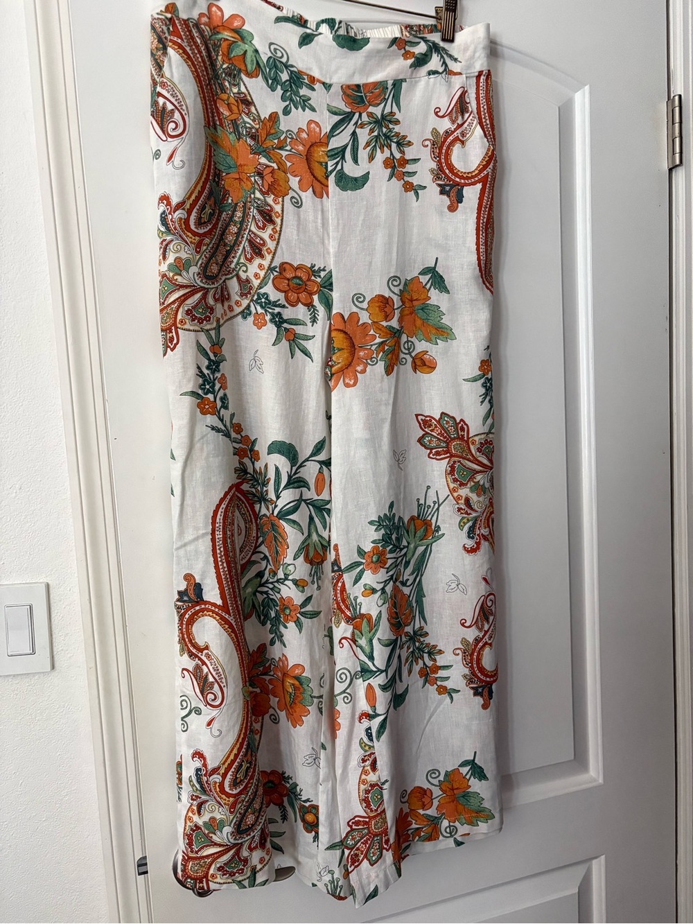 Rachel Zoe orange tropical linen blend cropped wide leg pants size M